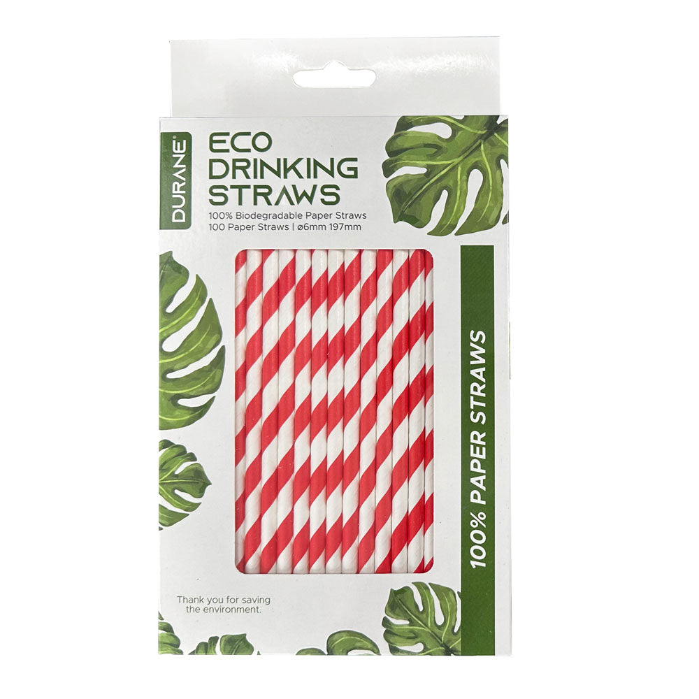 Durane Eco Paper Drinking Straws 6 x 197 mm Pack of 100 White - Red 10812 (Parcel Rate)