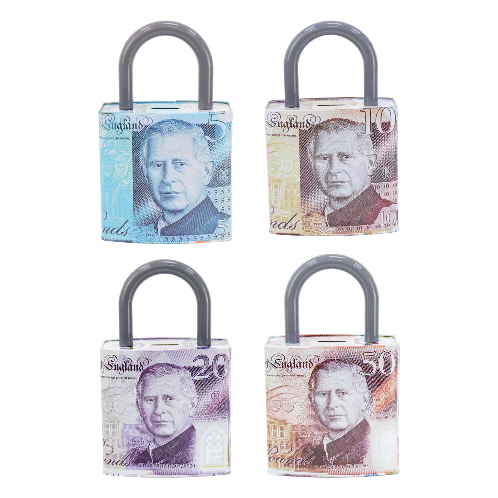 King Charles Pound Note Coin Money Tin Box Padlock Shape with Handle 16.5 x 9.5 x 26.5cm Assorted Designs 11890 (Parcel Rate)