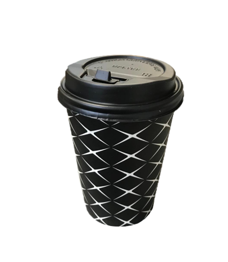 Black Paper Cup with Lid Printed Design 12oz Pack of 6 Assorted Designs 2206 (Parcel Rate)