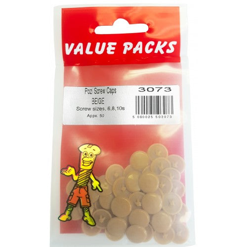 Pozi Screw Caps Beige Screw Sizes 6, 8, 10s Pack of 50 Diy 3073 (Large Letter Rate)