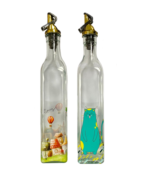 Glass Oil and Vinegar Bottle with Coloured Label 500ml Gold Plastic Stopper Assorted Designs 6811 (Parcel Rate)