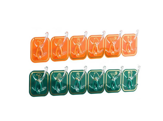 Plastic Adhesive Stick On Hooks 6.3 x 6.3 cm 6 Hooks Assorted Colours 7428 (Parcel Rate)