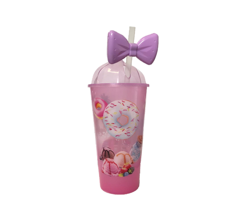 Reusable Plastic Ice Cream Drinking Cup with Straw 500ml 20 cm Assorted Designs 7437 (Parcel Rate)