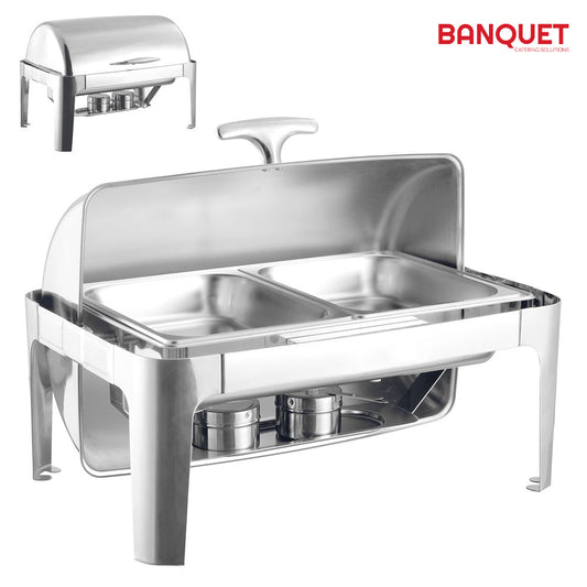 SQ Professional Banquet Chafing Dish with Roll Top Double Compartment Oblong Silver 2 x 4L 7525 (Big Parcel Rate)