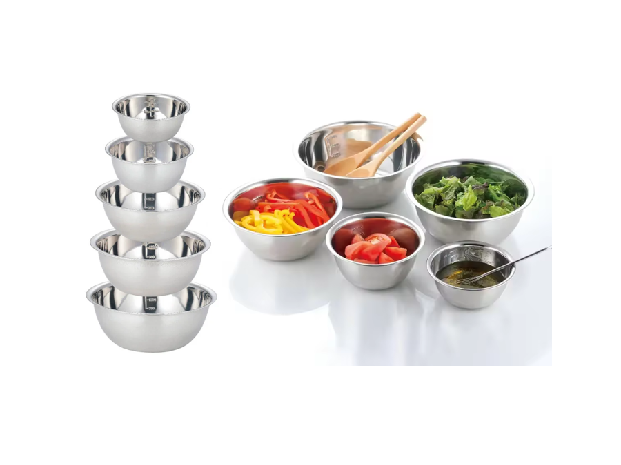 Stainless Steel Mixing Bowl with Measuring Lines (ml) Set of 5 Assorted Sizes 7600 (Parcel Rate)