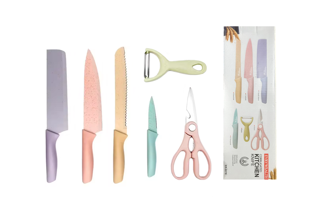 Kitchen Knife Set of 6 with Scissors ER-0278 Assorted Pastel Colours 7712 (Parcel Rate)