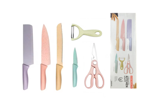 Kitchen Knife Set of 6 with Scissors ER-0278 Assorted Pastel Colours 7712 (Parcel Rate)