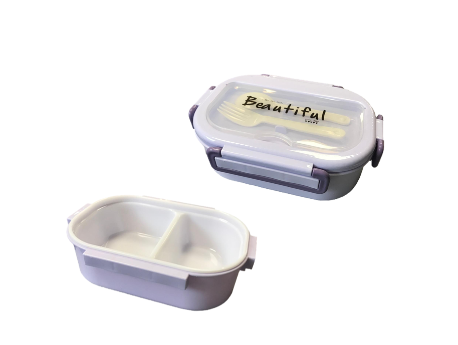 Plastic 2 Compartment Lunch Box with Cutlery 21 x 15 x 7 cm Assorted Colours 7814 (Parcel Rate)