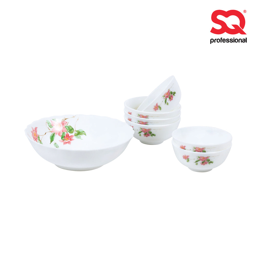 Aria Opal Glass Soup Set of 7 Pink Green Floral 7922 (Big Parcel Rate)