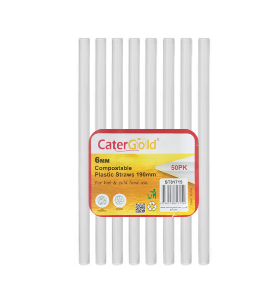 Compostable Plastic Straw 6 x 190mm Pack of 50 Assorted Colours ST81715 (Parcel Rate)