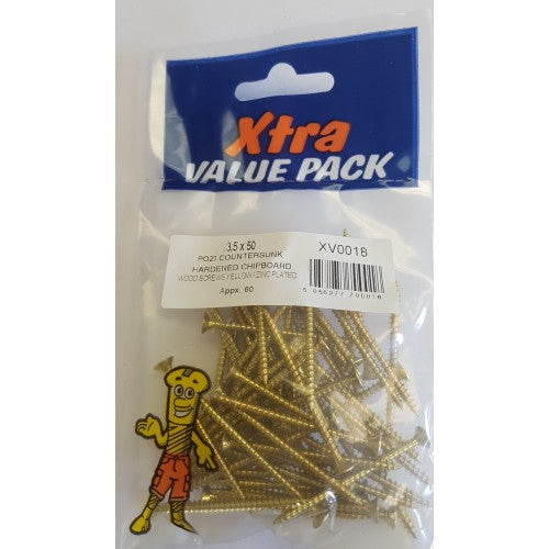 3.5 x 50 Pozi c/sk Chipboard Screws Yellow Diy Xtra Value 0018 (Large Letter Rate)