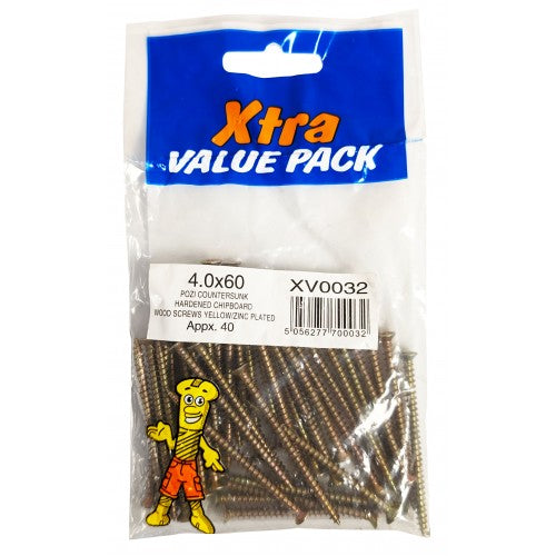 4.0 x 60 Pozi c/sk Chipboard Screws Yellow Diy Xtra Value 0032 (Large Letter Rate)