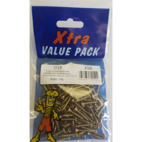 3.5 x 20 Pozi c/sk Chipboard Screws Yellow Diy Xtra Value 0292 (Large Letter Rate)