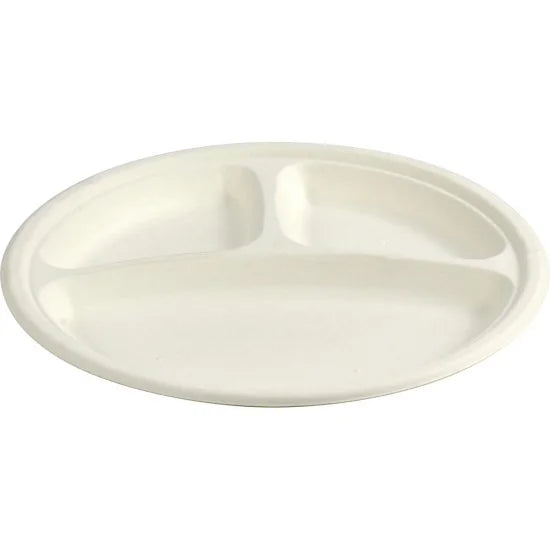 Disposable Compostable Eco-Bio Bagasse Sugarcane 3 Compartment Plates 10" Pack of 100 ST81812 (Parcel Rate)