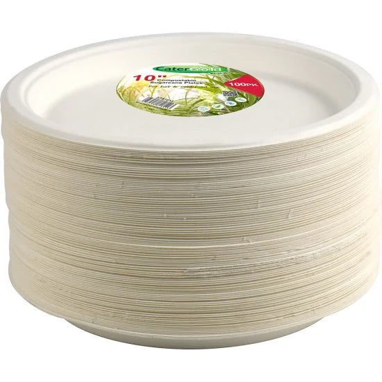 Disposable Compostable Eco-Bio Bagasse Sugarcane Plates 10" Pack of 100 ST81811 (Parcel Rate)