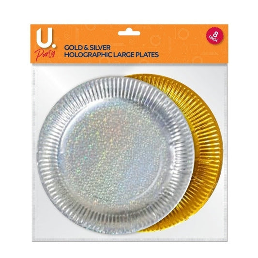 Holographic Large Paper Plates Gold and Silver Pack of 8 P1402 (Large Letter Rate)