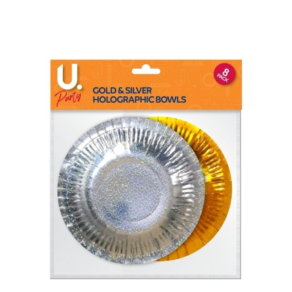 Holographic Paper Bowls Gold and Silver Pack of 8 P1403 (Large Letter Rate)