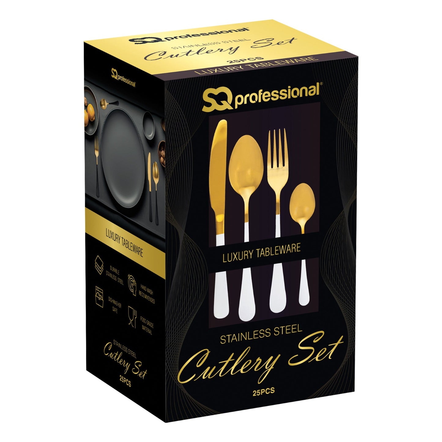 SQ Durane Stainless Steel Cutlery Set of 25 Gold White 10741 A  (Parcel Rate)