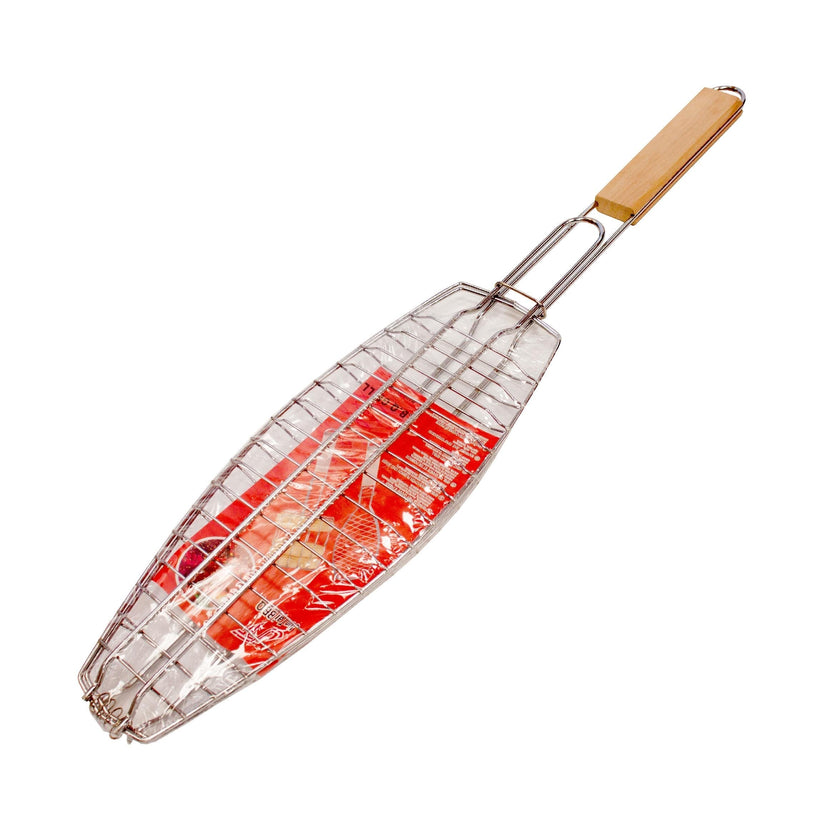 Metal Meat Fish Roasting BBQ Basket Grill with Wooden Handle 35 cm 7219 (Parcel Rate)