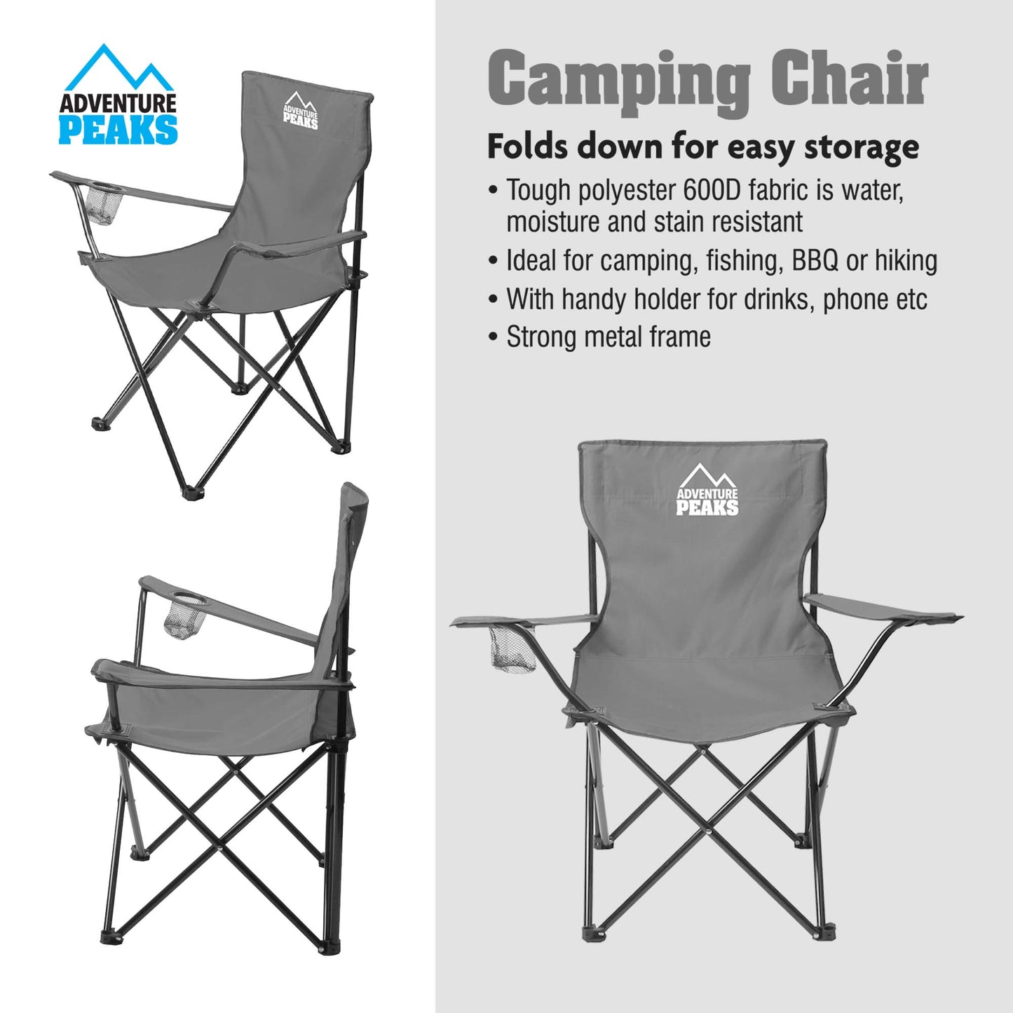 Foldable Camping Chair with Carry Bag 50 x 50 x 80 cm Grey 1433 (Big Parcel Rate)