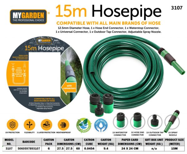 Garden Hose Pipe with Fitting 15 m 3107 A W25 (Parcel Rate)