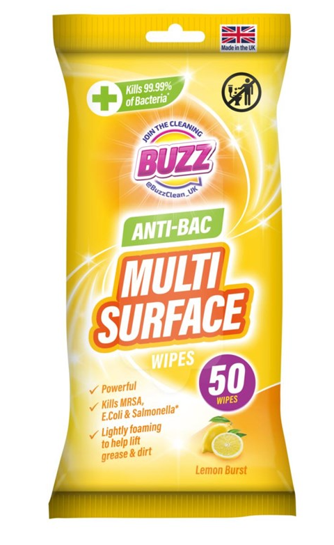 Buzz Multi Surface Antibacterial Wipes 50 Pack Lemon 321592 (Parcel Rate)