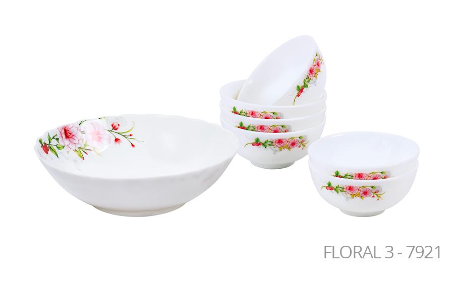 Aria Opal Glass Soup Set of 7 White Pink Floral 7921 (Big Parcel Rate)