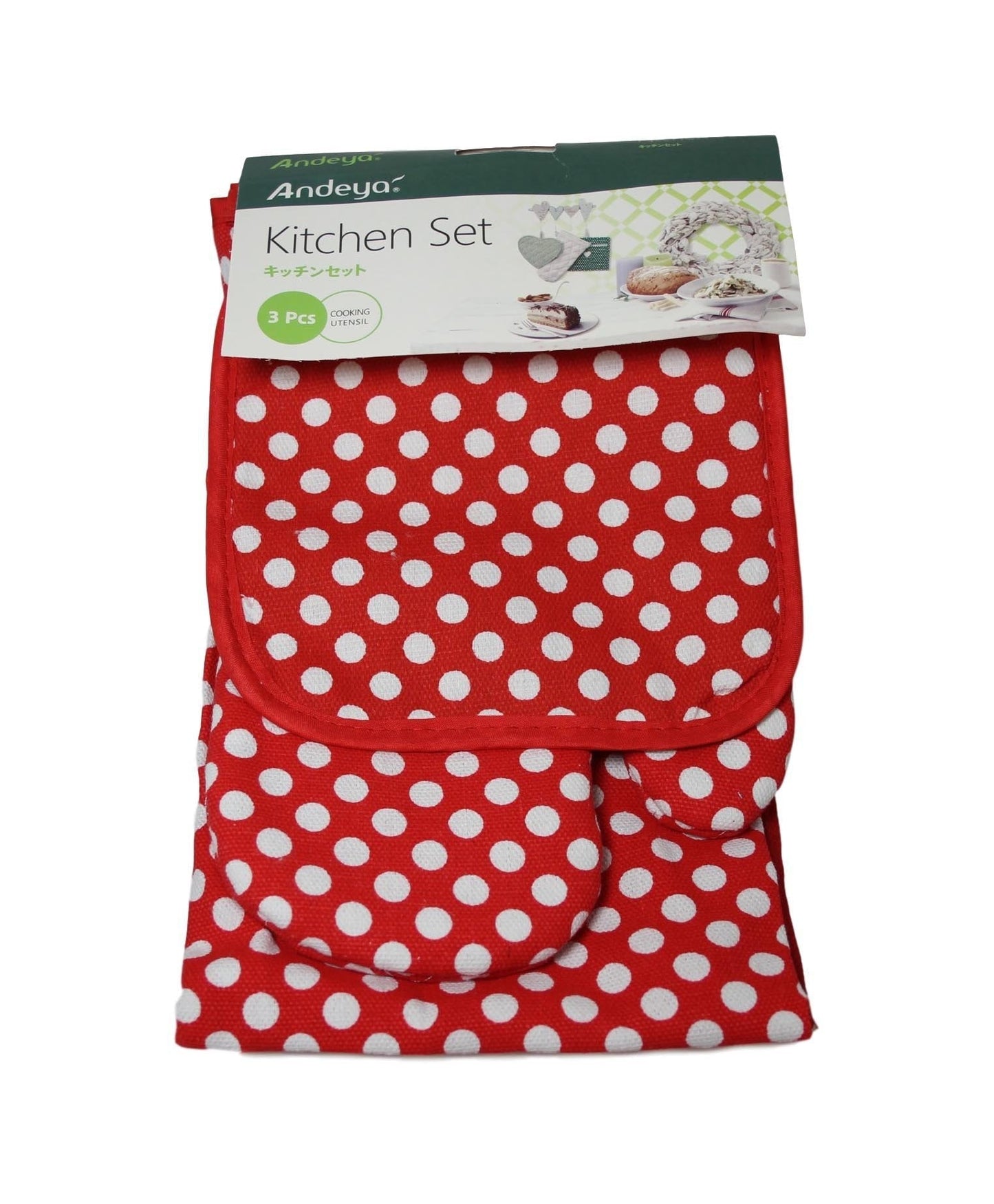 Oven Glove Apron Pan Holder Set of 3 Polka Dot Design Assorted Colours 5920  A (Parcel Rate)