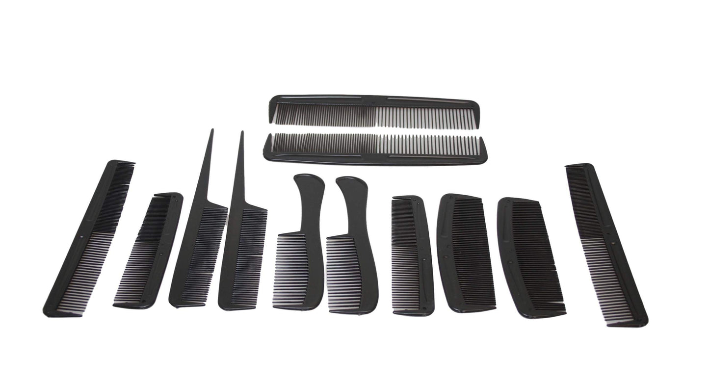 Black Plastic Hairdresser Barber Salon Comb Set of 12 Assorted Combs 6017 (Large Letter Rate)