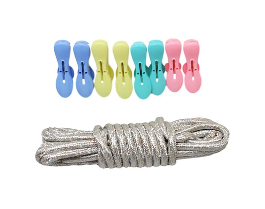 Outdoor Hanging Pegs and Rope Assorted Colour 8 Pack Washing Line 7cm 6153 (Parcel Rate)