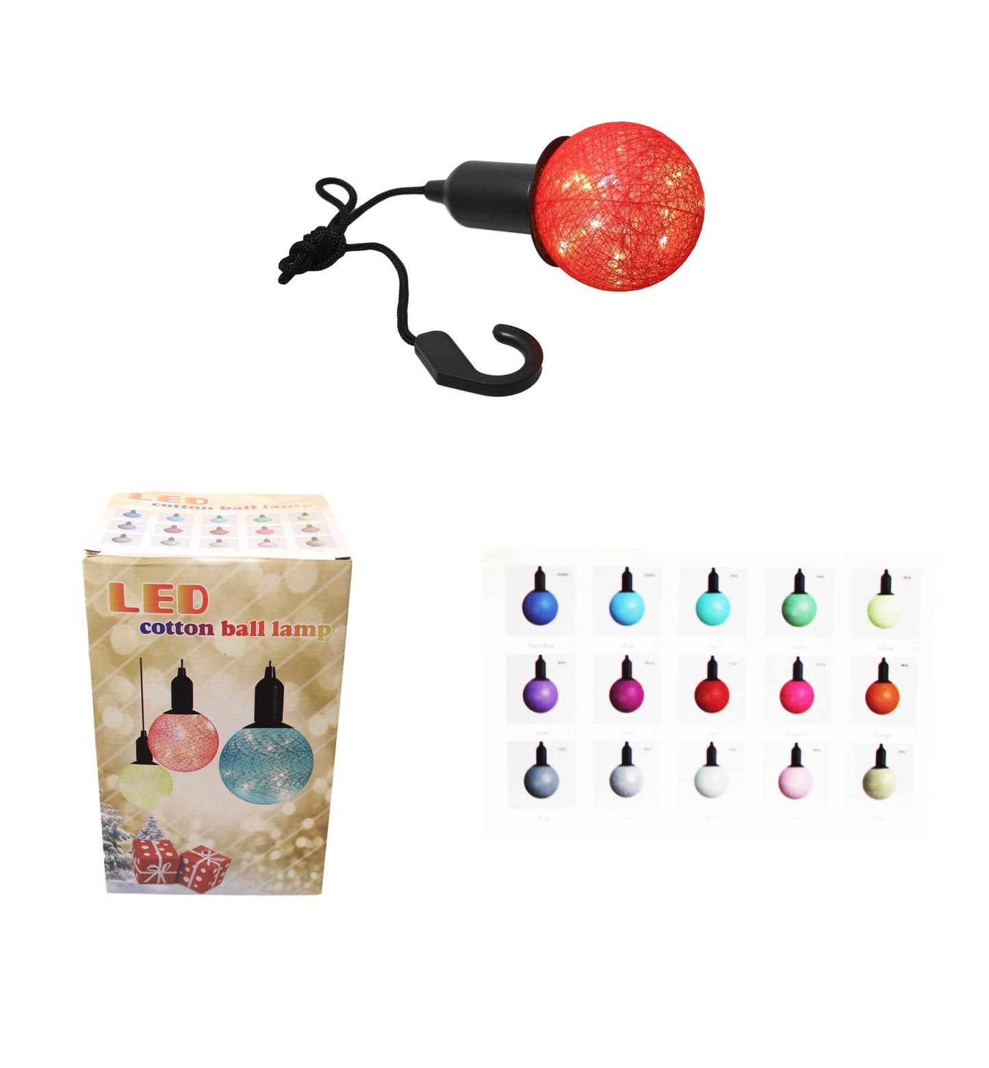 (S) Cotton Ball Ceiling Lamp Battery Operated String LED Indoor Hook Assorted Colours 6333 (Parcel Rate)