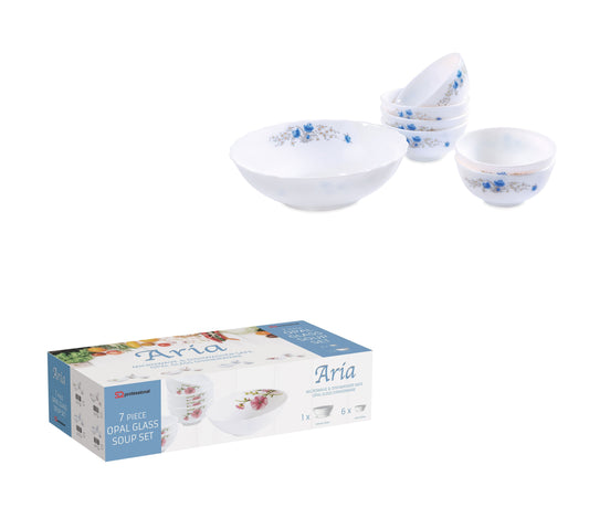 Aria Opal Glass Soup Set of 7 Blue Floral 7919 (Big Parcel Rate)