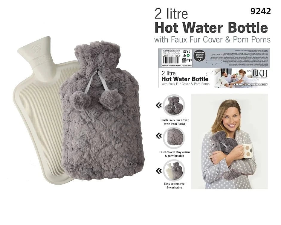 DGI Hot Water Bottle With Faux Fur Cover & Pom Poms 2 Litre 9242 A (Parcel Rate)