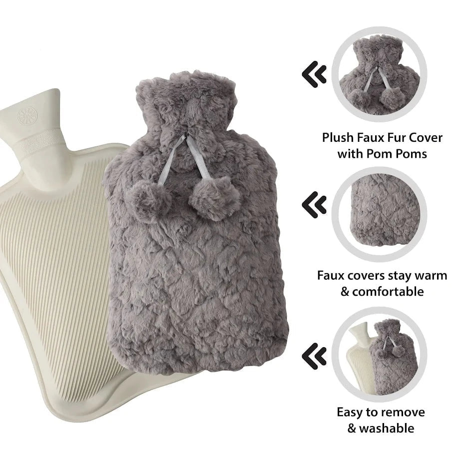 DGI Hot Water Bottle With Faux Fur Cover & Pom Poms 2 Litre 9242 A (Parcel Rate)