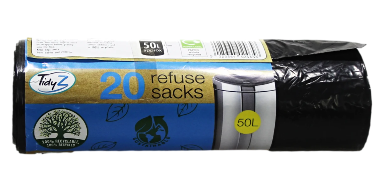 Refuse Sacks Bin Bags 50L 120 x 79cm Roll of 20 B0234 (Parcel Rate)