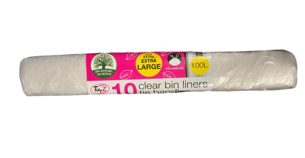 Extra Large Clear Pedal Bin Liners with Tie Handles 100L 110 x 160 cm Roll of 10 B0558 (Parcel Rate)