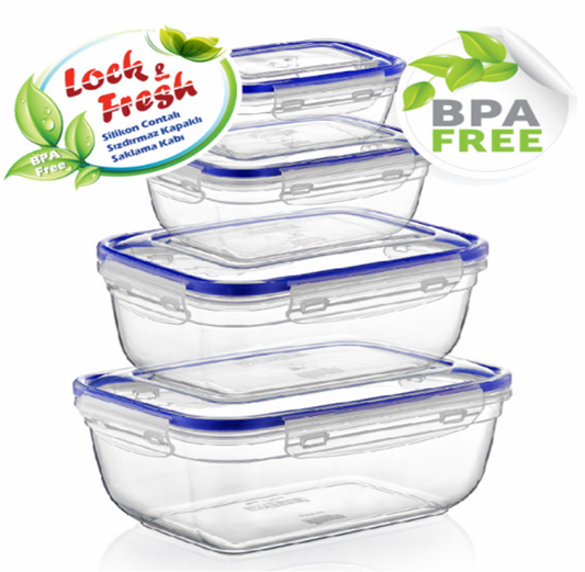 Rectangular Clear Plastic Food Storage Container with Sealing Lid Set of 4 D30148 (Parcel Rate)p