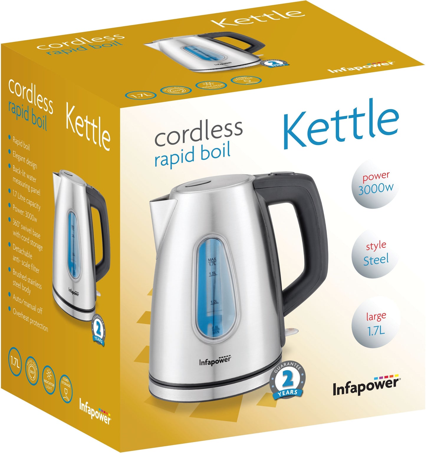 Infapower Cordless Rapid Boil Steel Kettle 3000W 1.7L X504 (Parcel Rate)