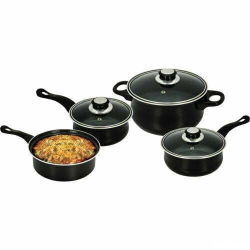 7Pc Cookware Pan Set Carbon Steel Non Stick Glass Lid 6645 (Parcel Rate)