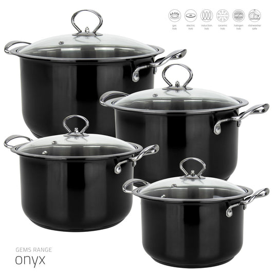 Gems Stainless Steel Stockpot Set 4Pc Onyx 3.7L- 4.7L-5.80L-7.5L Kitchen 9579 (Big Parcel Rate)